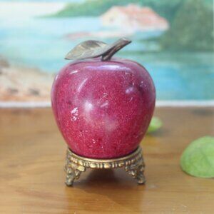 Vintage Italian Marble Carved Red Apple Stone Fruit Paperweight Decor